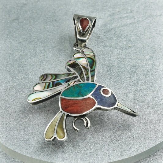 Sterling silver 950 handmade bird pendant, Peruvian Inca silver, hummingbird