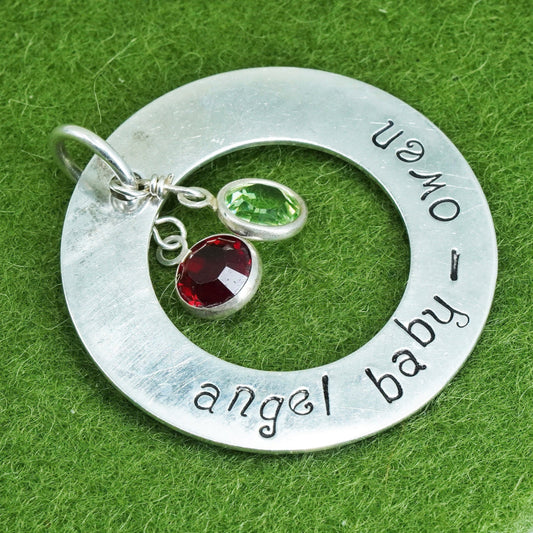 sterling silver pendant, 925 circle with crystal and engraved Angel baby Owen