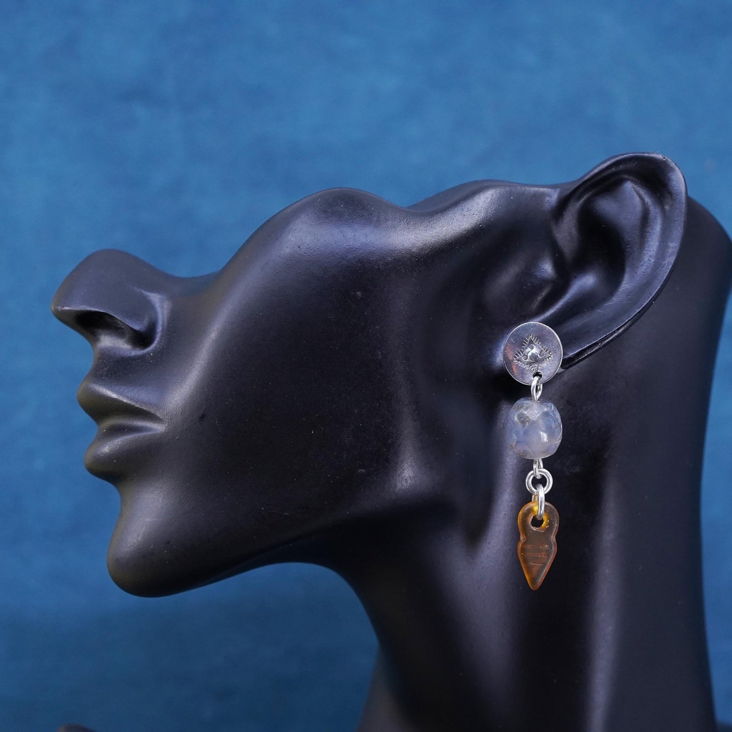 Sterling silver earrings, 925 studs with rutilated quartz amber arrow dangles