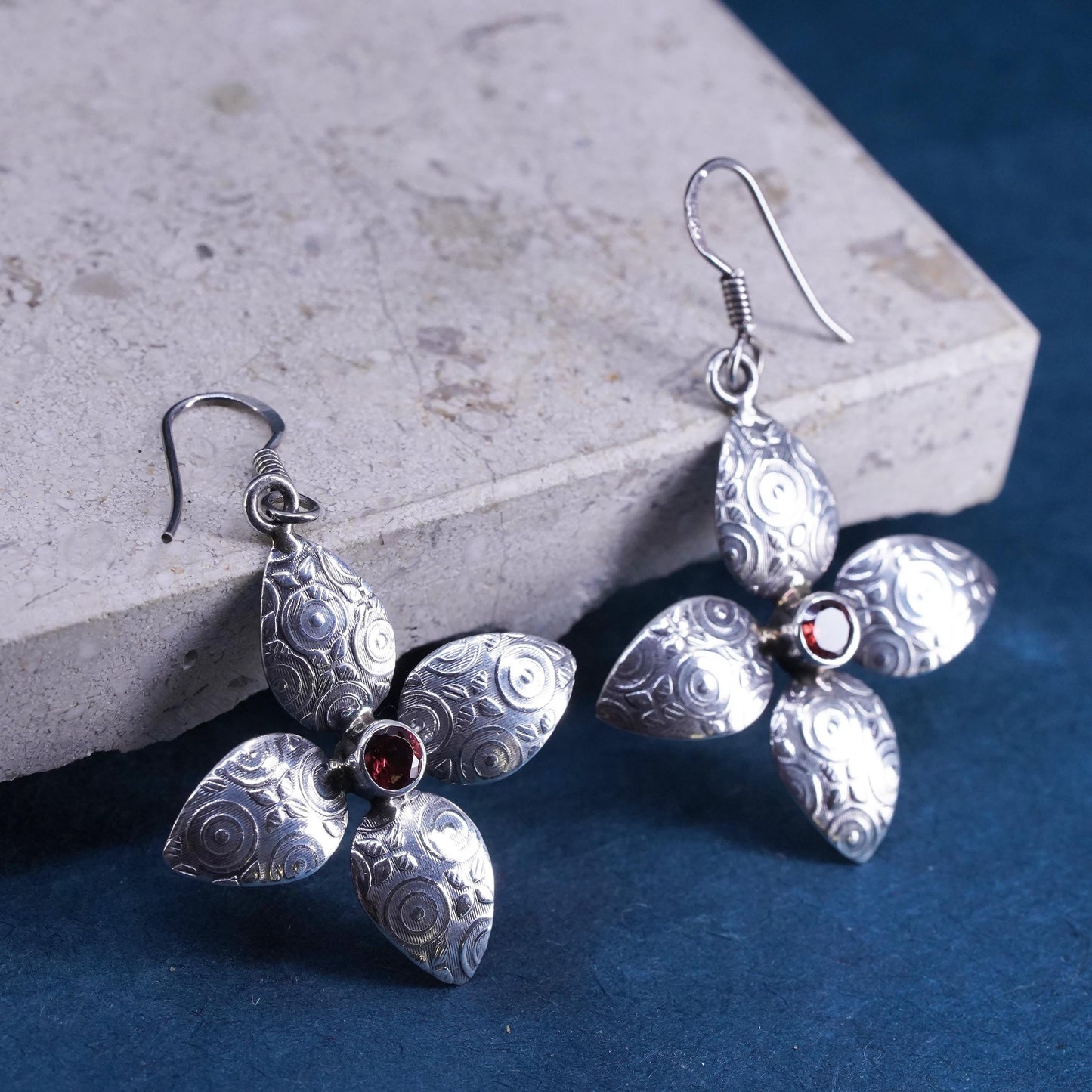 Vintage sterling silver handmade earrings, southwestern 925 four leaves ruby