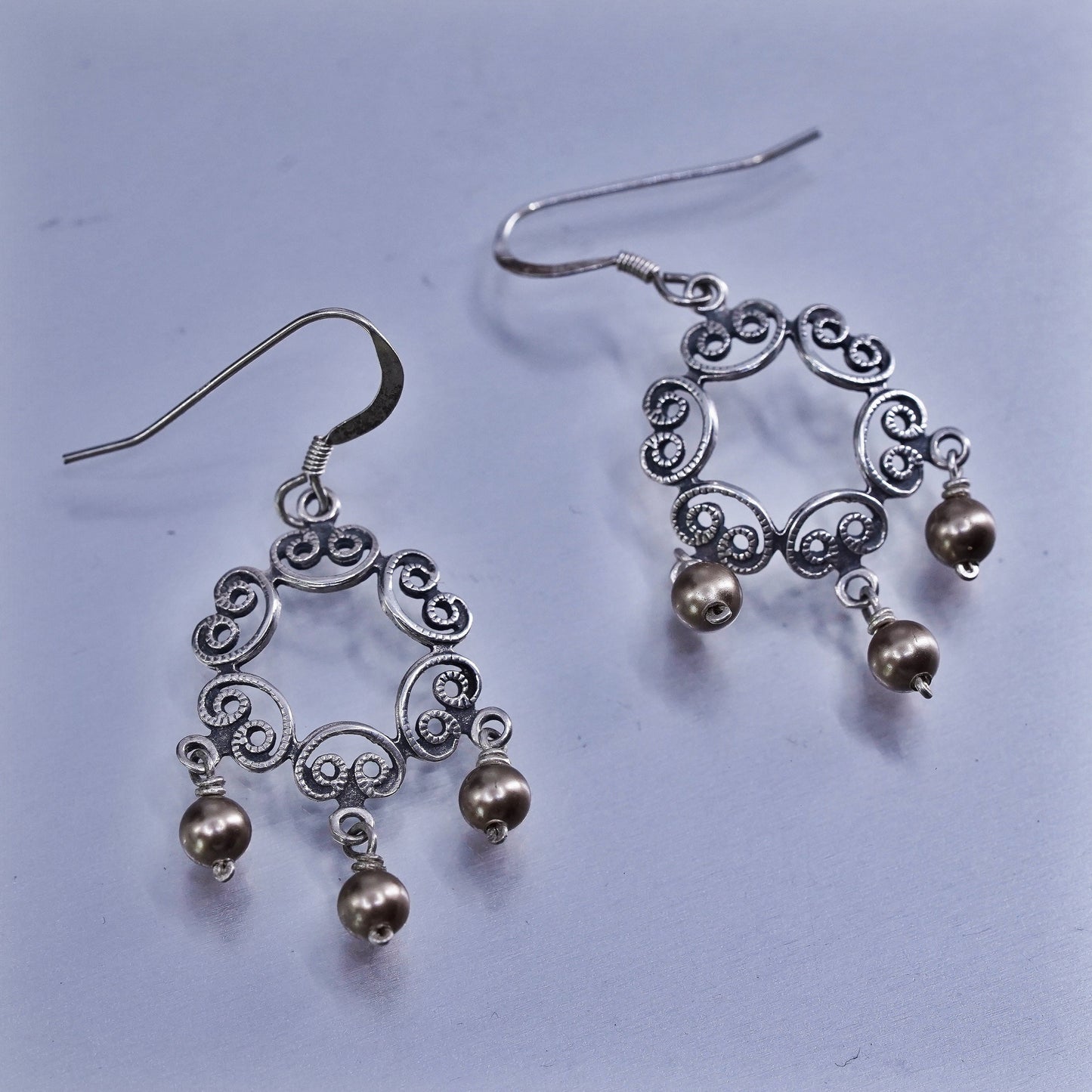 Vintage Sterling 925 silver handmade filigree earrings with pearl