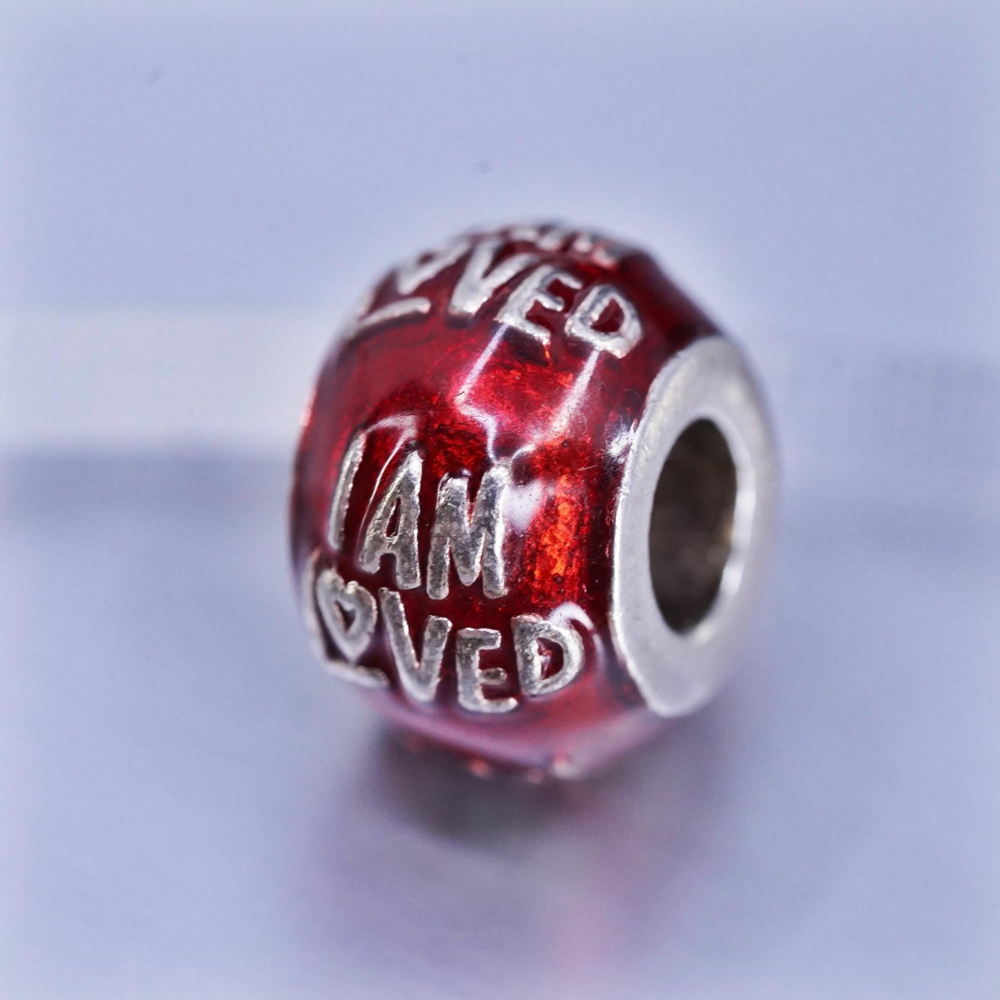 VTG Sterling silver handmade charm, 925 red enamel bead embossed “I’m Loved”