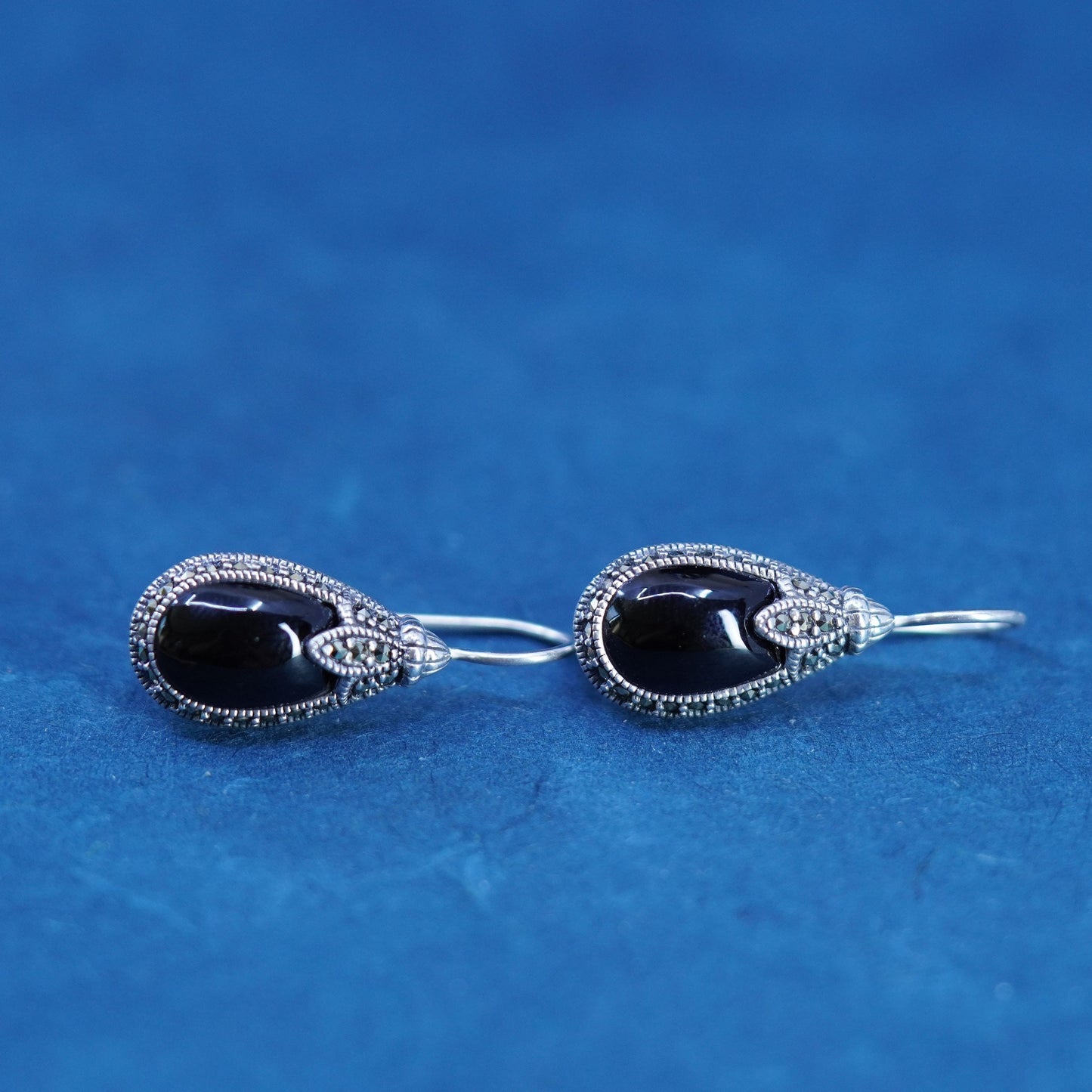 vtg sterling 925 silver handmade teardrop earrings with obsidian and marcasite