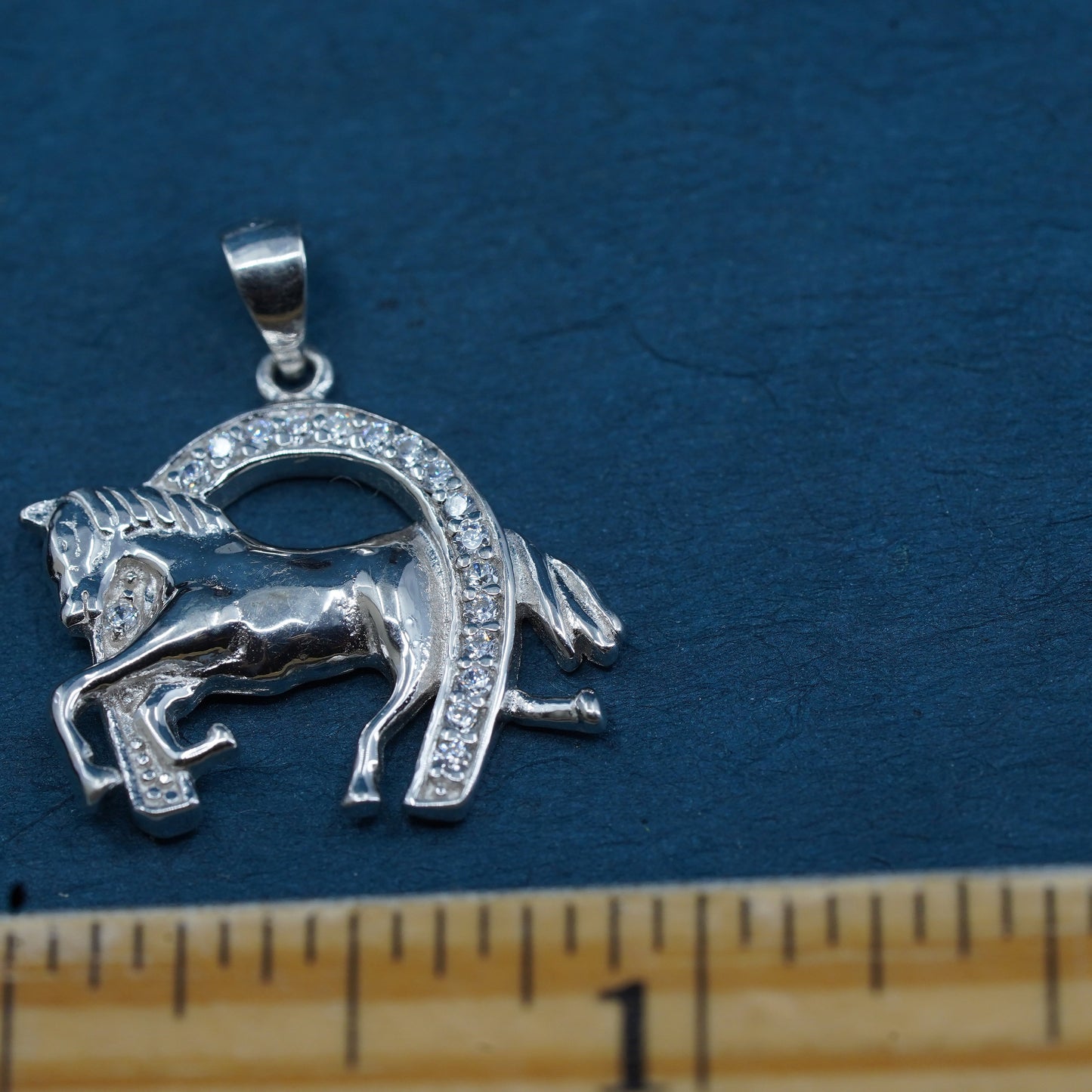 Vintage sterling silver horse pendant, 925 charm with cz horse shoe