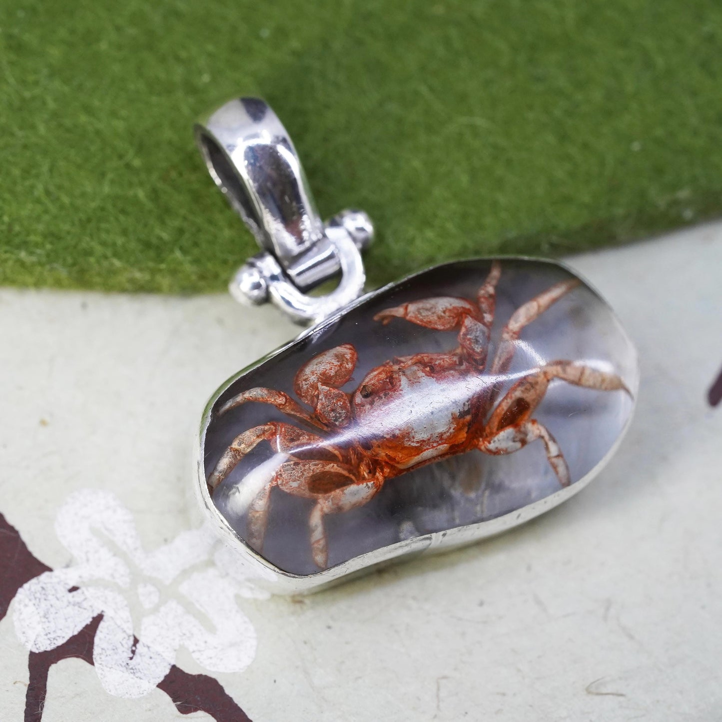 Vintage Sterling silver handmade pendant, 925 resin crab