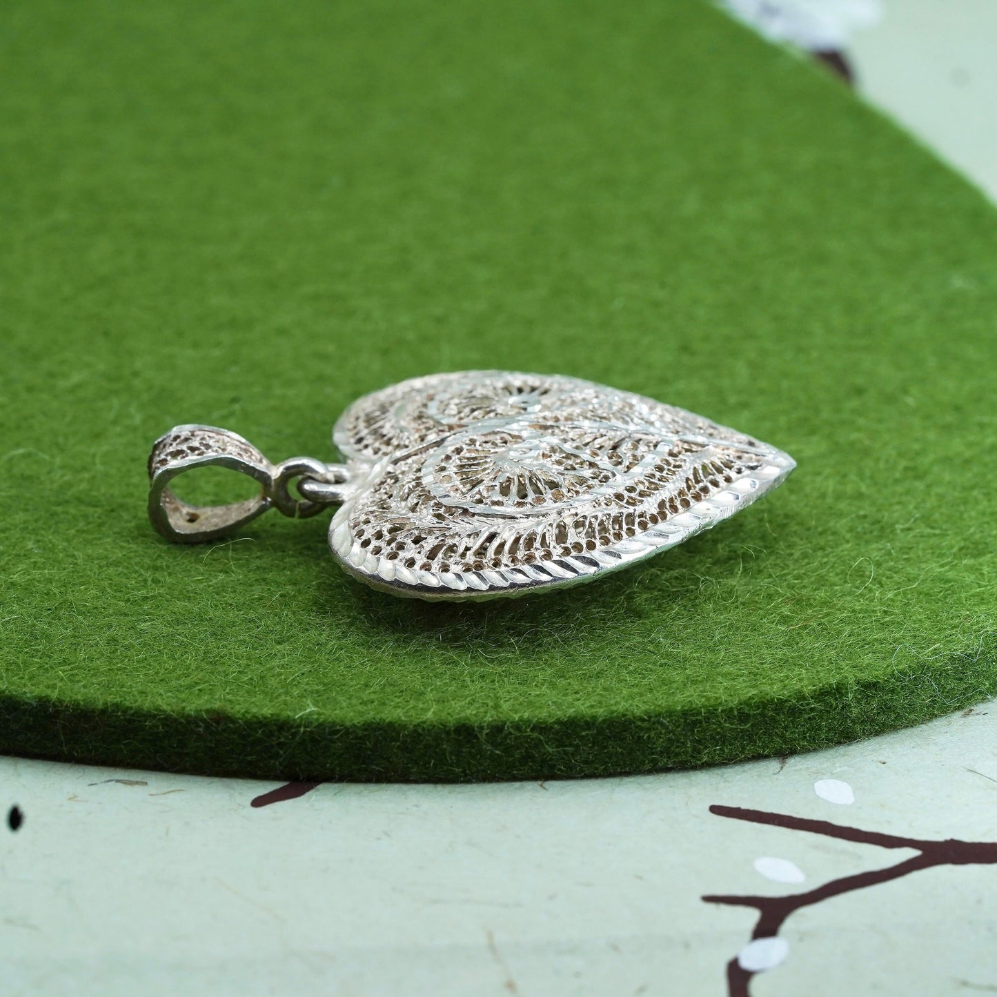 vintage sterling silver handmade pendant, 925 filigree heart