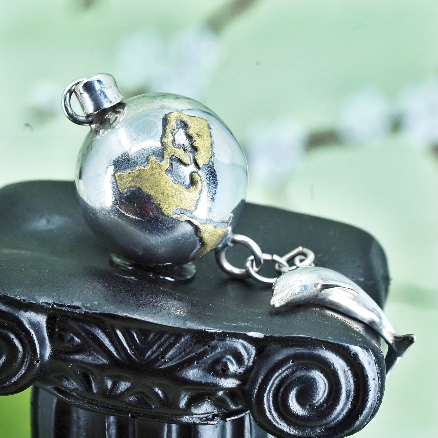 Sterling silver earth globe chime harmony ball, 925 bell with dolphin charm