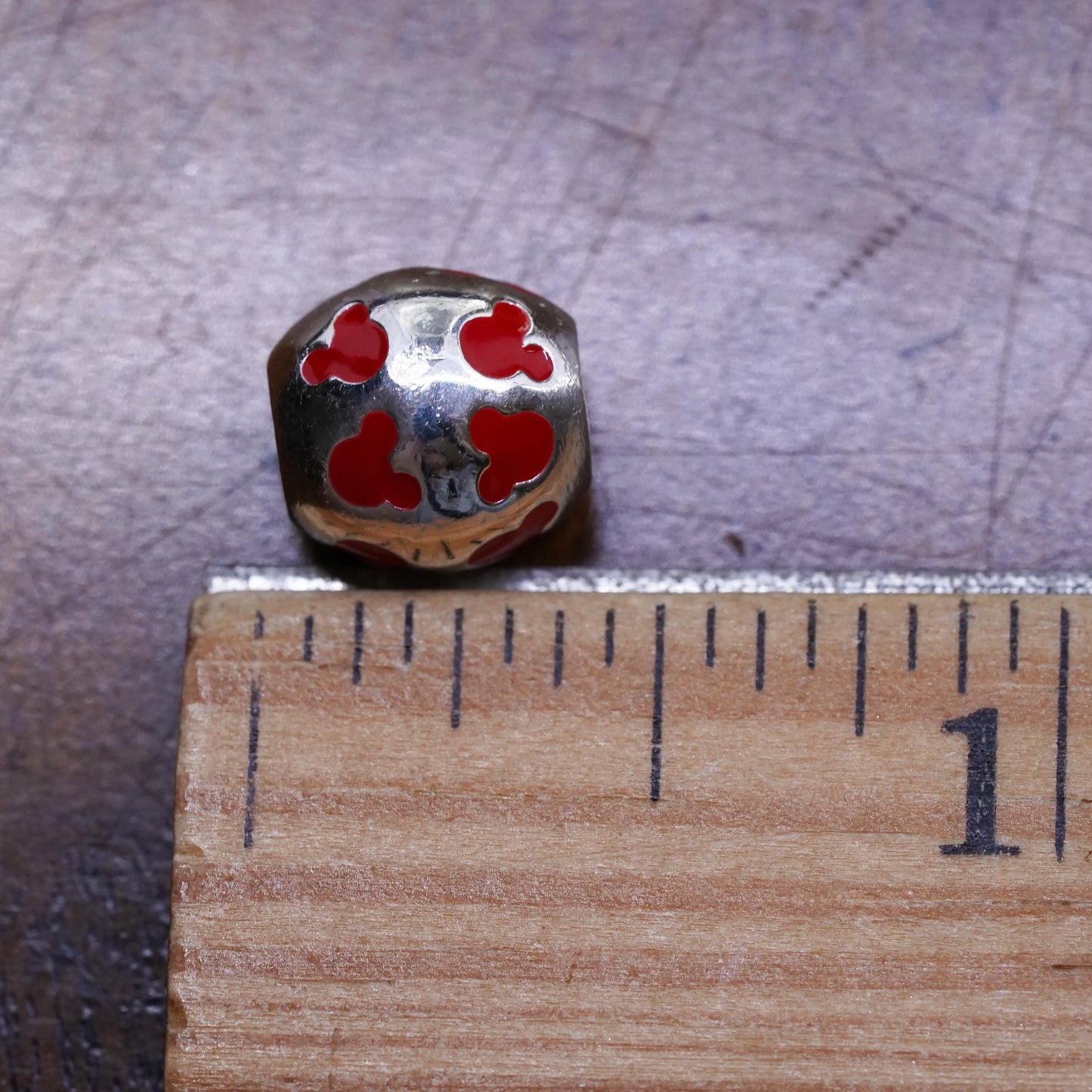 Vintage Sterling silver handmade bead charm with red enamel inlay