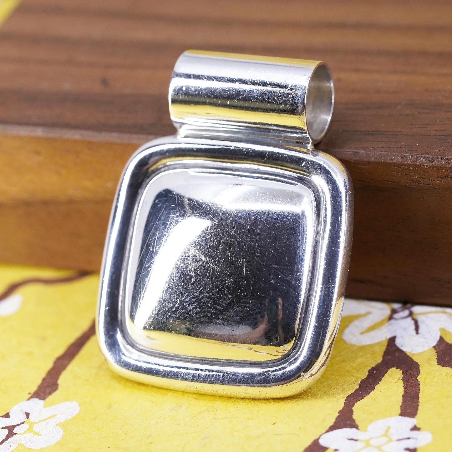 Vintage Mexican handmade sterling 925 silver ribbed square pendant