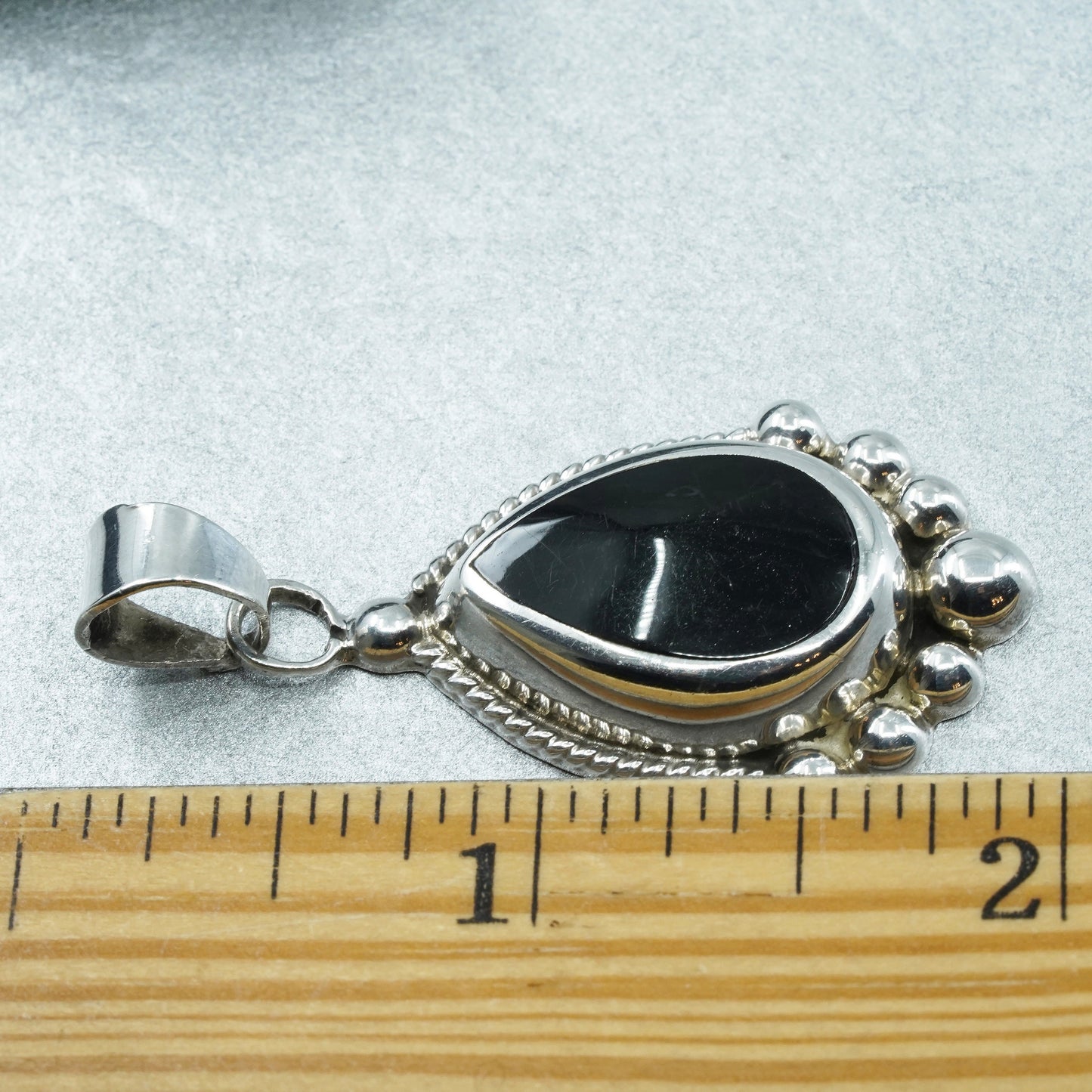 Vintage Sterling silver handmade charm, 925 teardrop pendant with onyx inlay