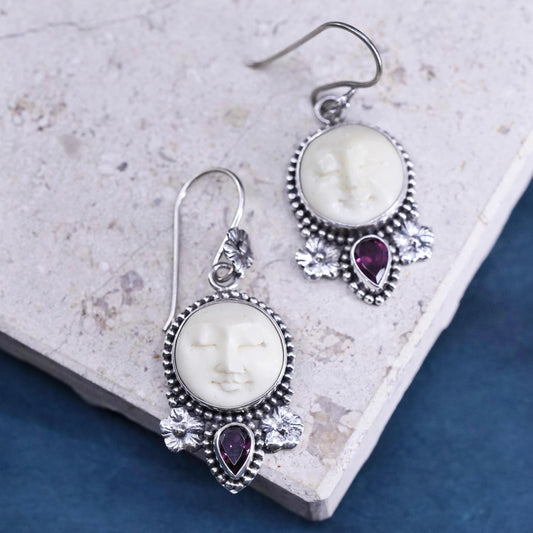 sterling silver 925 floral earrings with carved moonface and teardrop ruby