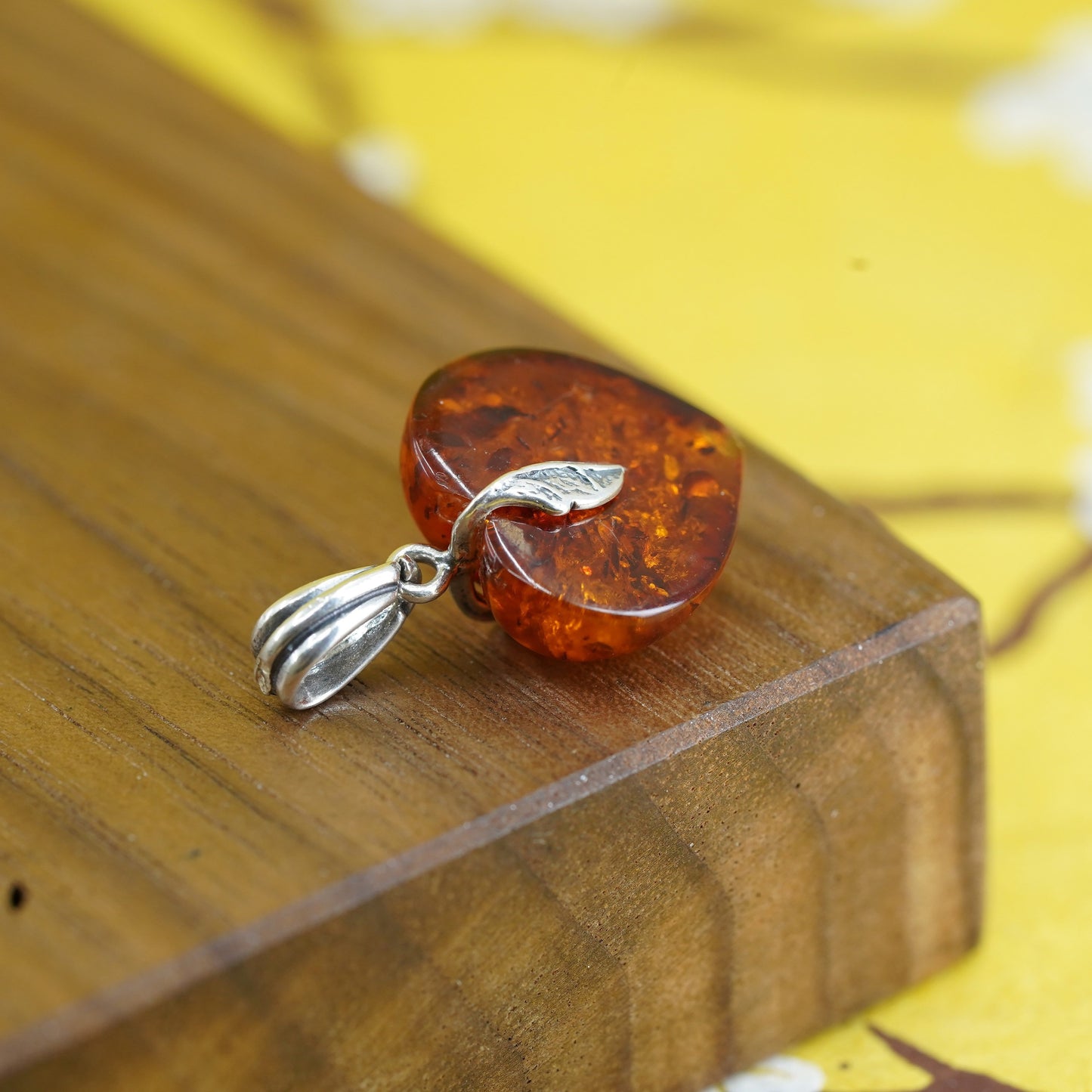 Vintage Sterling 925 silver handmade pendant with heart Amber