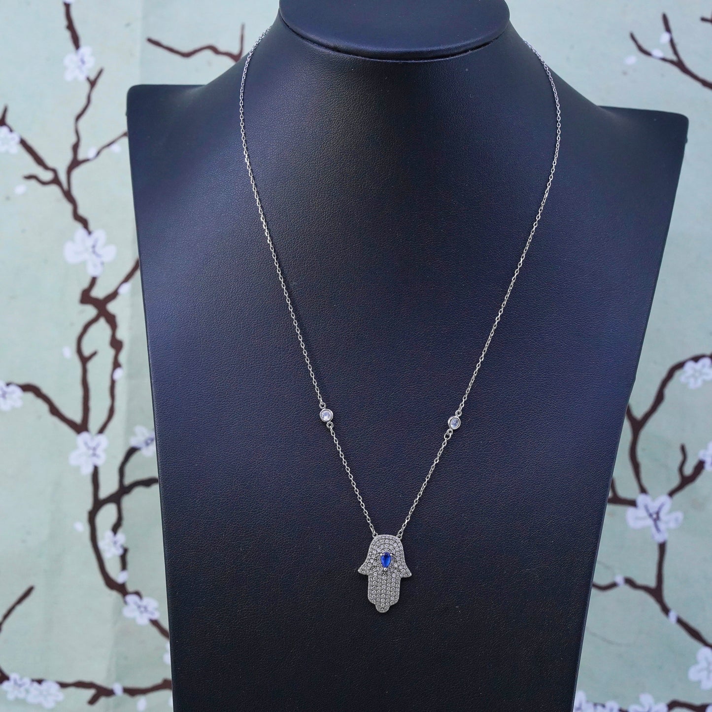 Sterling silver necklace, 925 circle chain Hamsa hand and sapphire, cluster cz