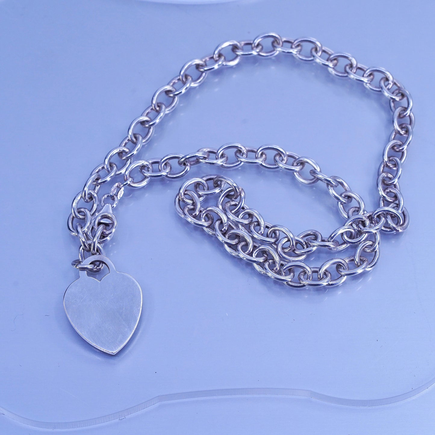 18” 7mm, vintage Sterling 925 silver handmade circle necklace with heart charm