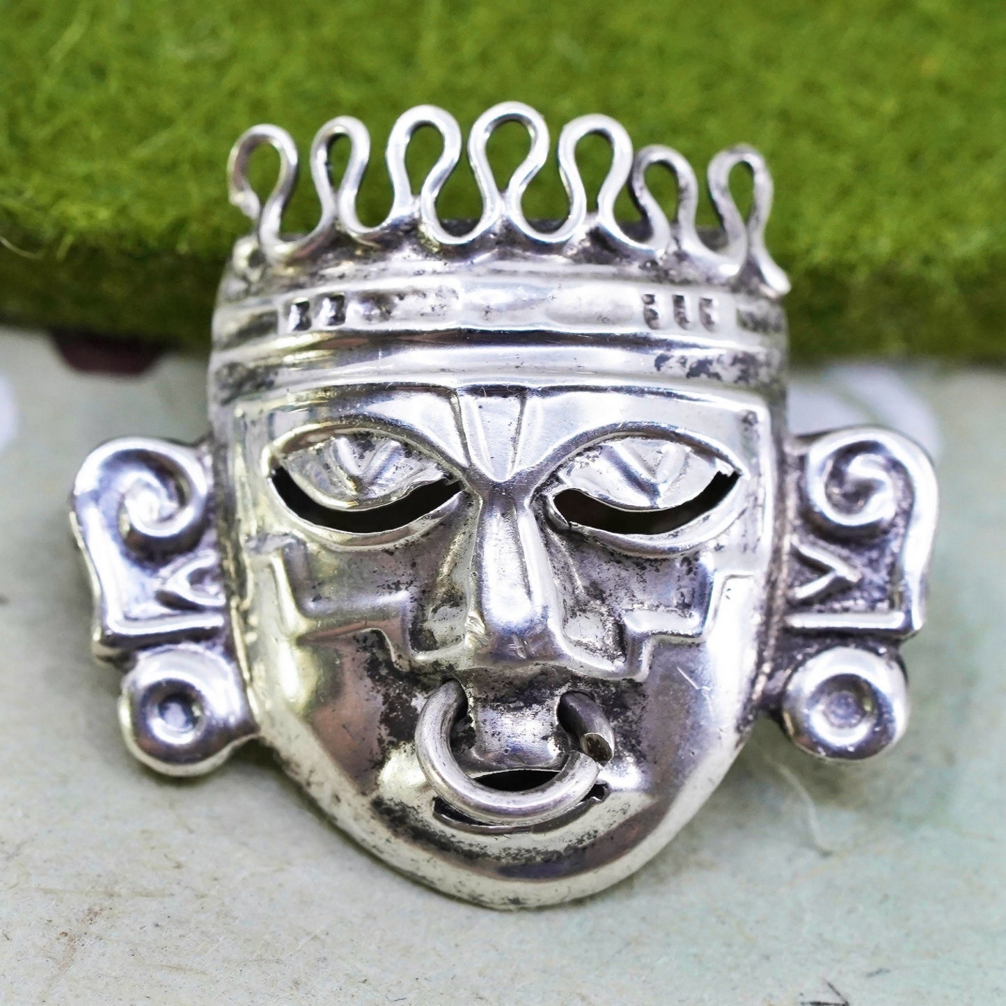 Mexican Mayan Sterling silver handmade pin, 925 Ancient warrior face pendant