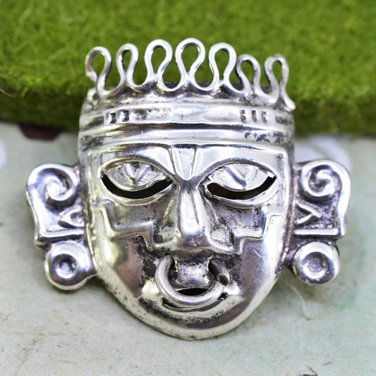 Mexican Mayan Sterling silver handmade pin, 925 Ancient warrior face pendant