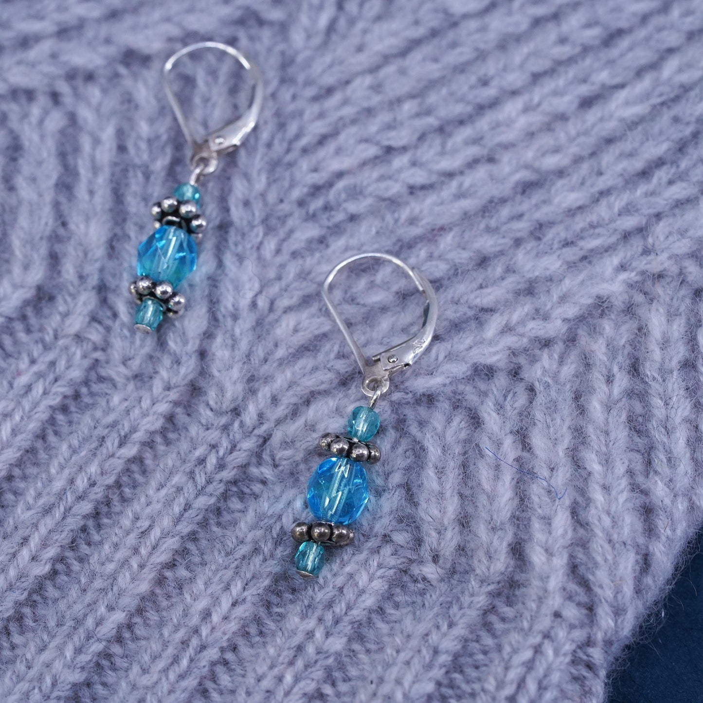 Vintage sterling 925 silver handmade earrings, with blue crystal