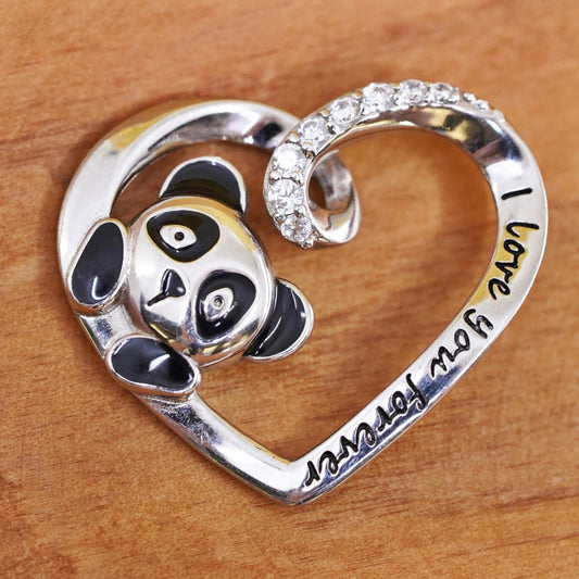 Vintage Sterling silver handmade pendant, 925 panda heart with enamel and CZ