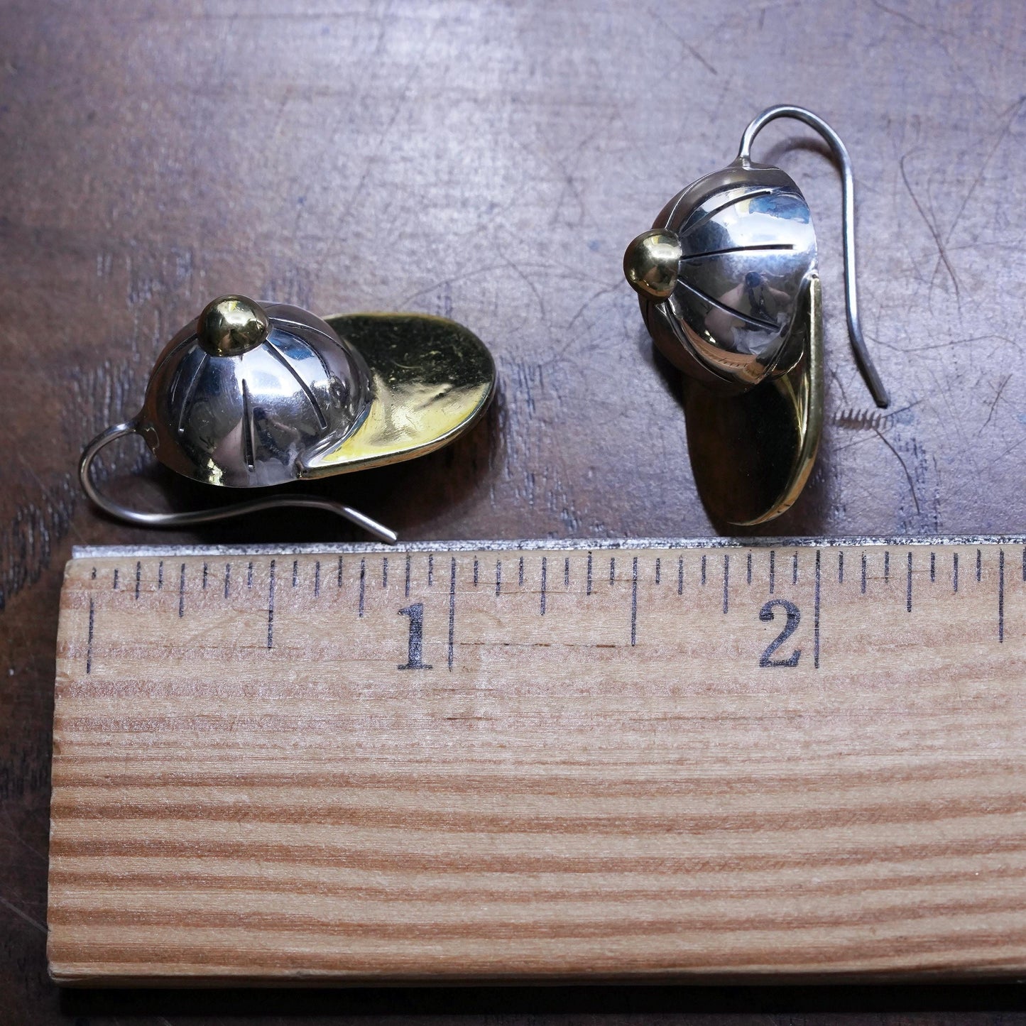 Vintage two tone Mexican Sterling silver earrings, 925 baseball hat brass trim