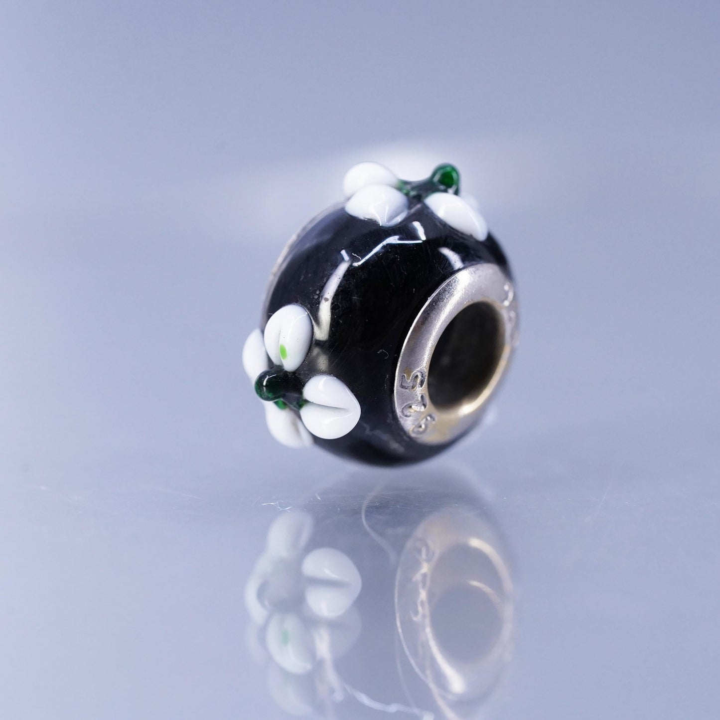 Vintage Sterling silver charm, 925 black flower bead