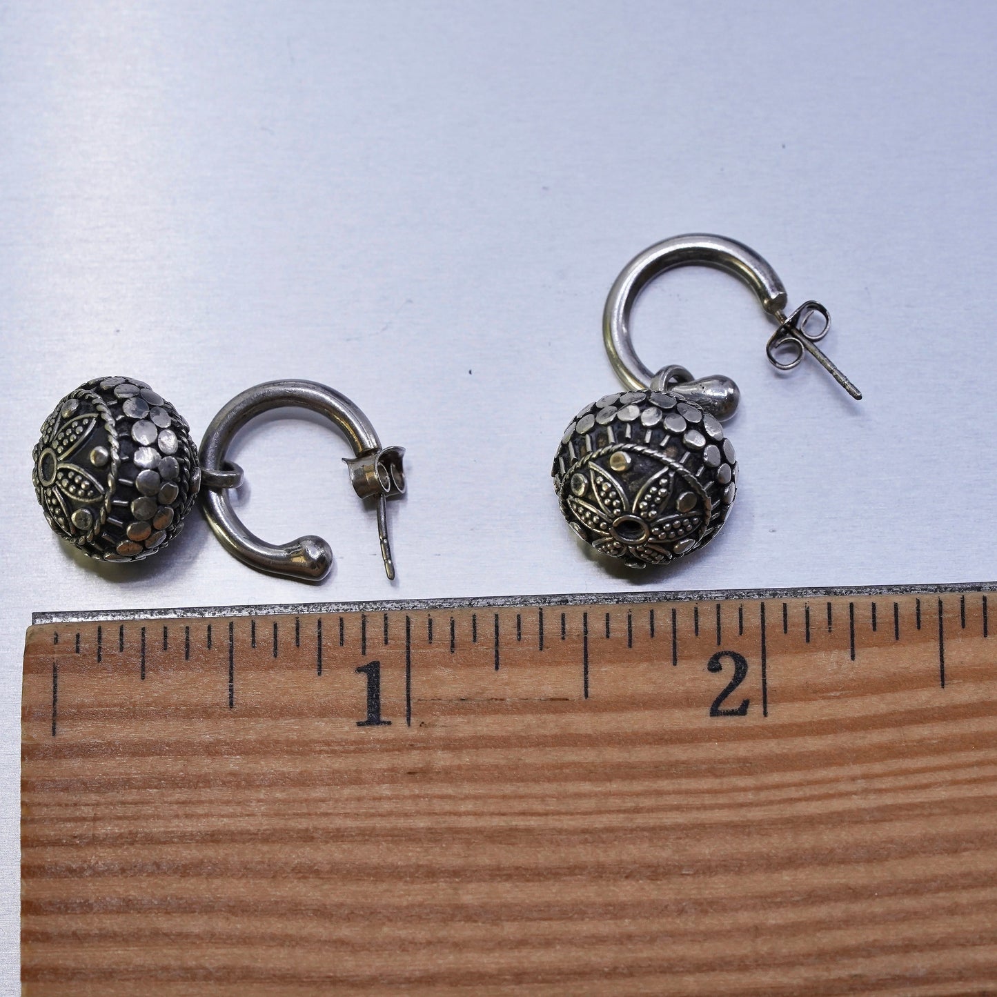 0.5”, vintage bali Sterling 925 Silver Hoop Pierced Earrings with beads