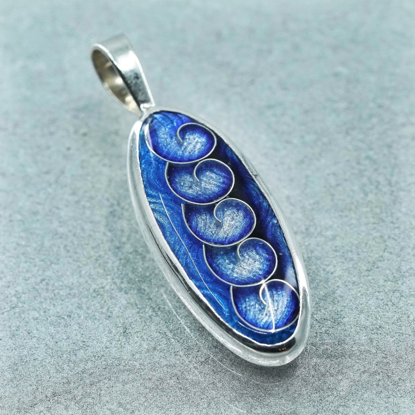 Vintage sterling 925 silver handmade blue enamel tag pendant