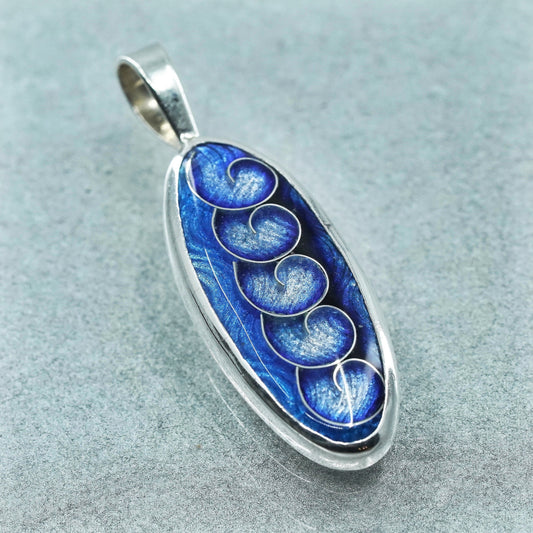 Vintage sterling 925 silver handmade blue enamel tag pendant