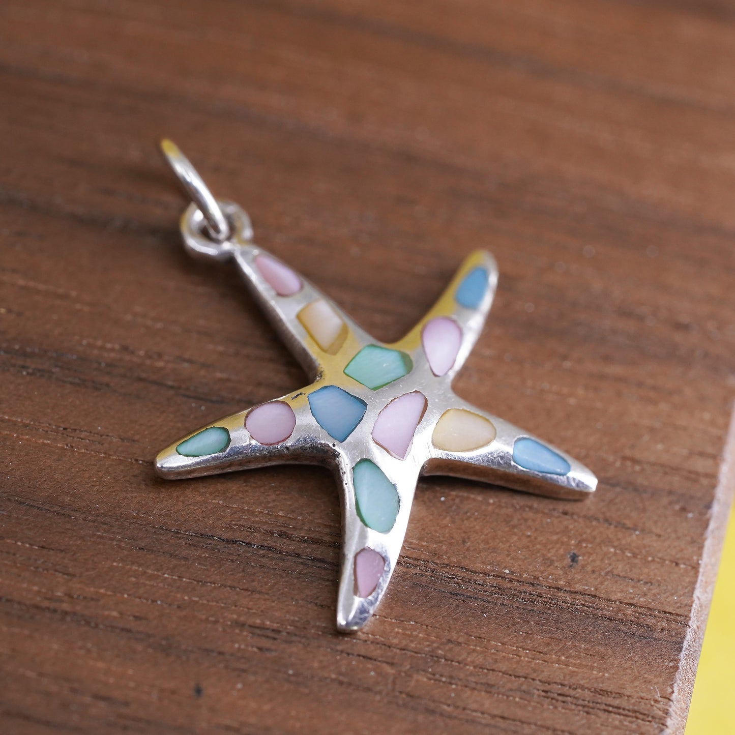 Vintage Sterling 925 silver star starfish pendant w/ pink blue mother of pearl