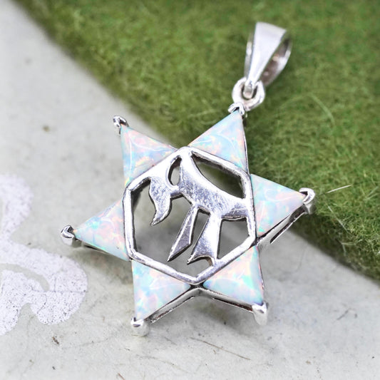 Vintage sterling silver 925 handmade Hebrew hexagram pendant with opal inlay