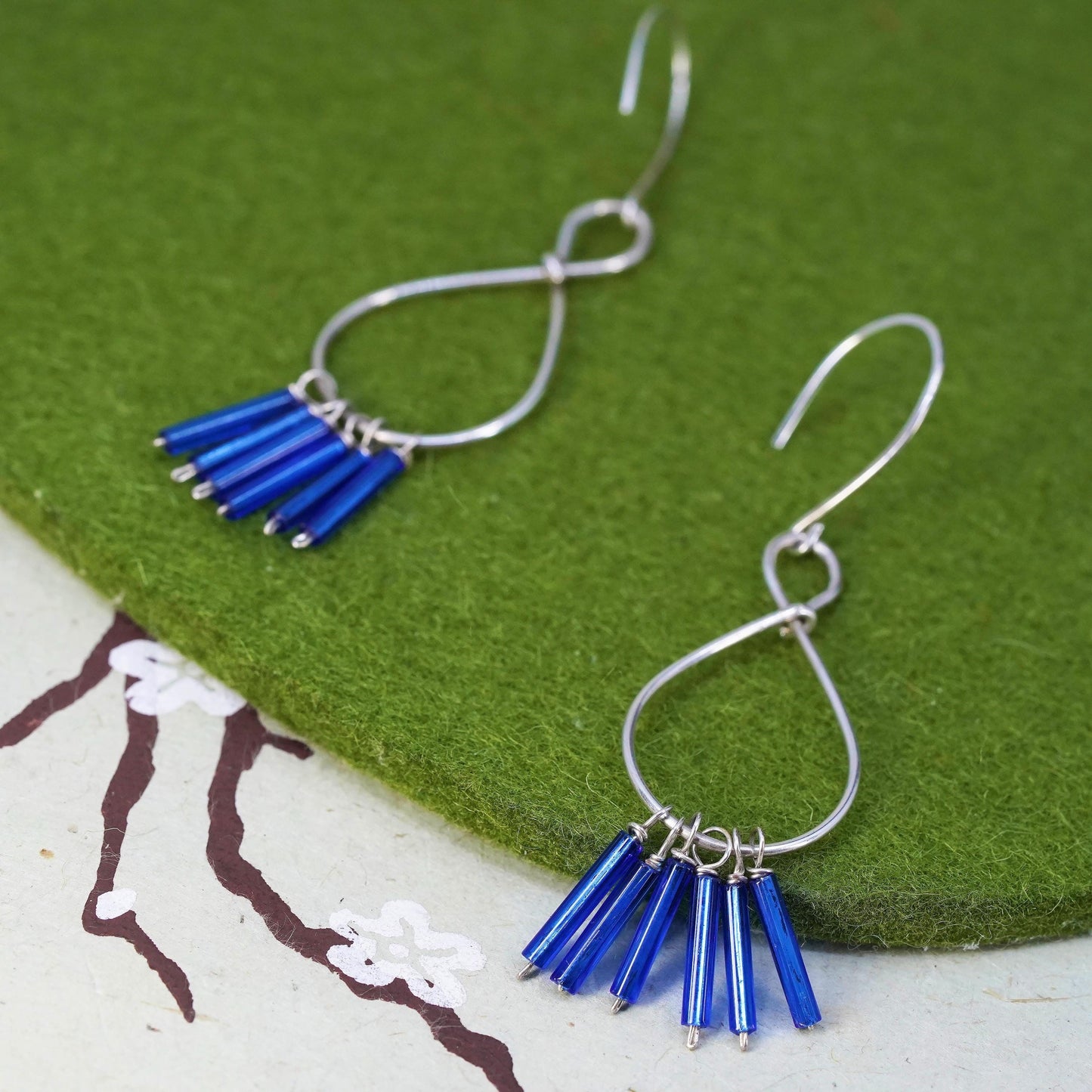 sterling silver wired earrings, 925 infinity loops cluster blue tube fringe