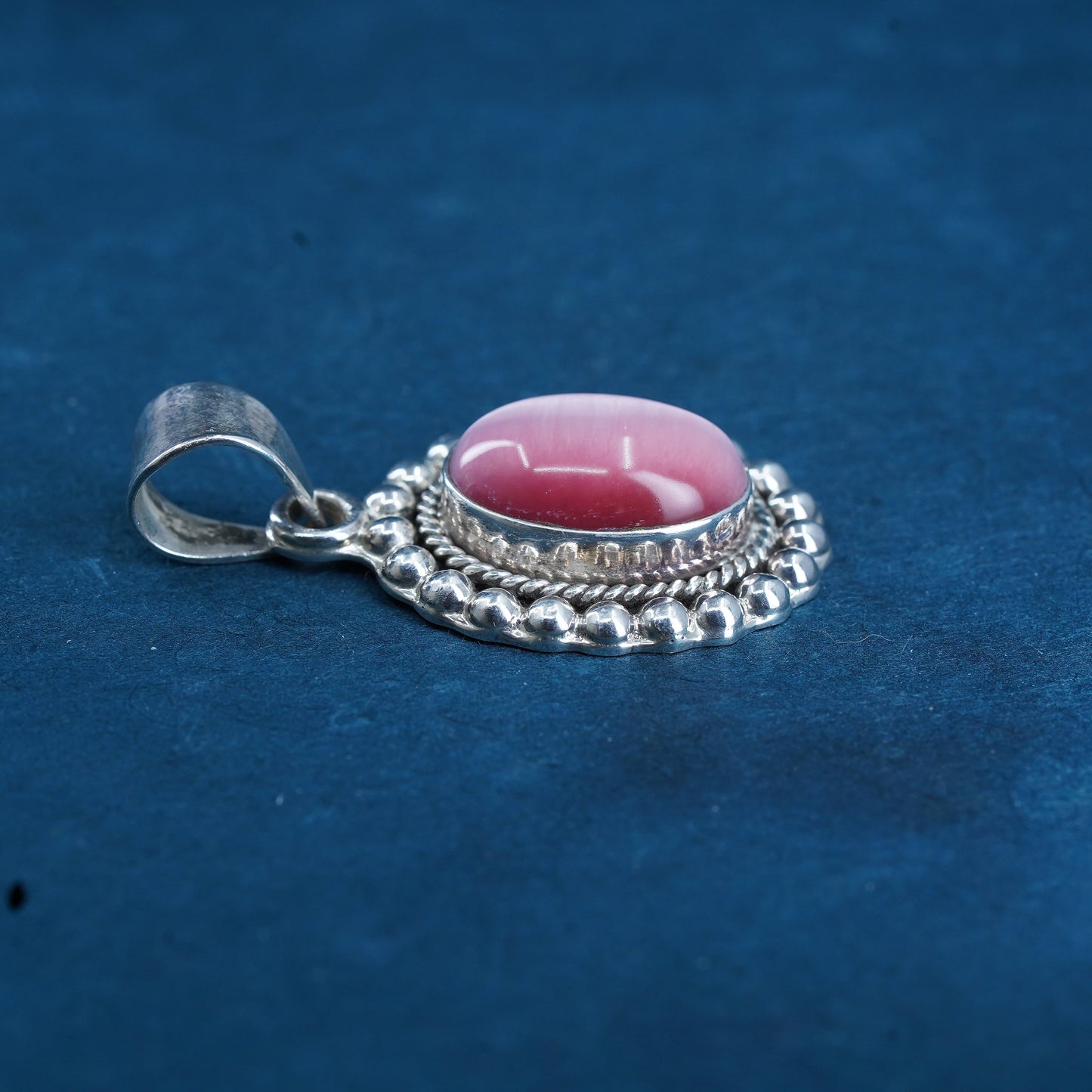 Mexican Sterling silver pendant, 925 beaded charm with oval pink cat eye