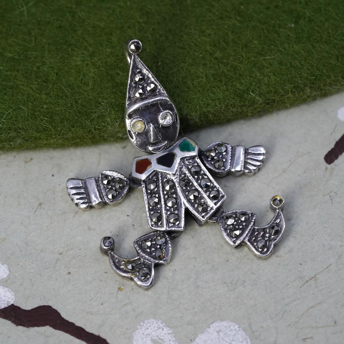 sterling silver handmade pendant, 925 clown charm movable joints marcasite