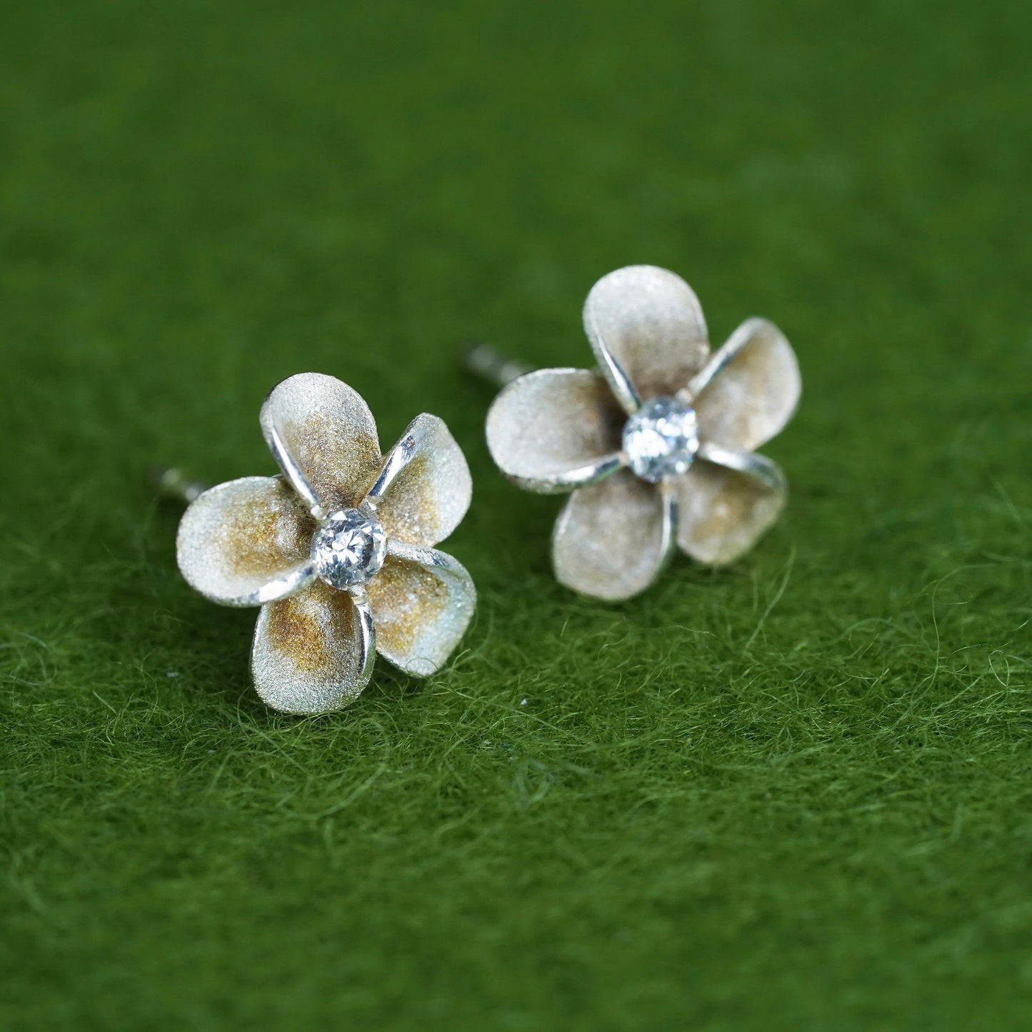 sterling 925 silver plumeria flower studs with clear cz, minimalist earrings