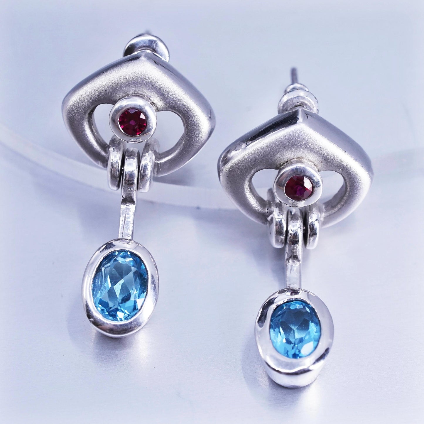 Vintage Sterling 925 silver handmade earrings with blue topaz and ruby