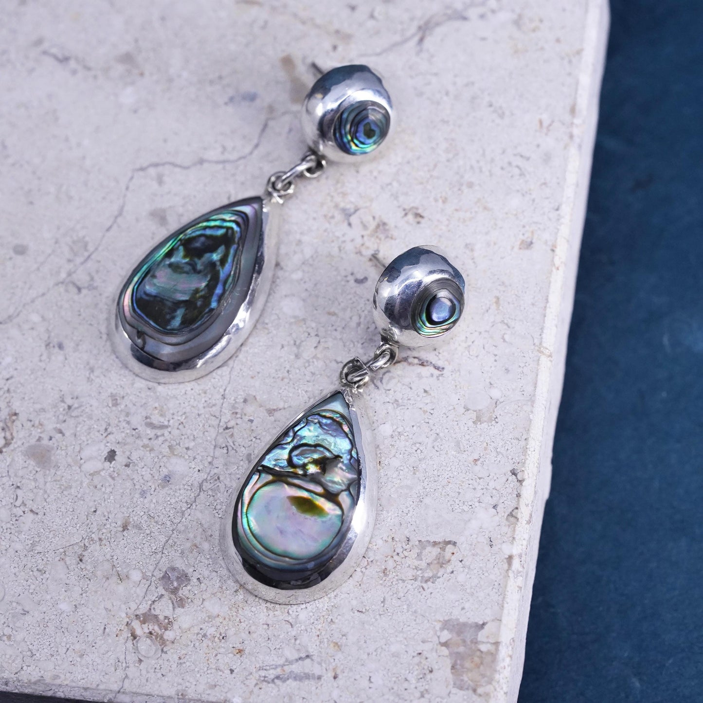 Vintage Mexican Sterling 925 silver handmade teardrop earrings with abalone