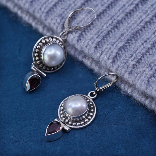 Vintage sterling 925 silver handmade earrings with pearl and teardrop ruby