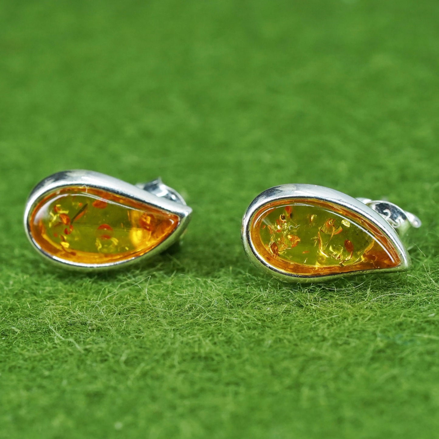 Vintage Sterling 925 silver handmade earrings with oval Amber studs