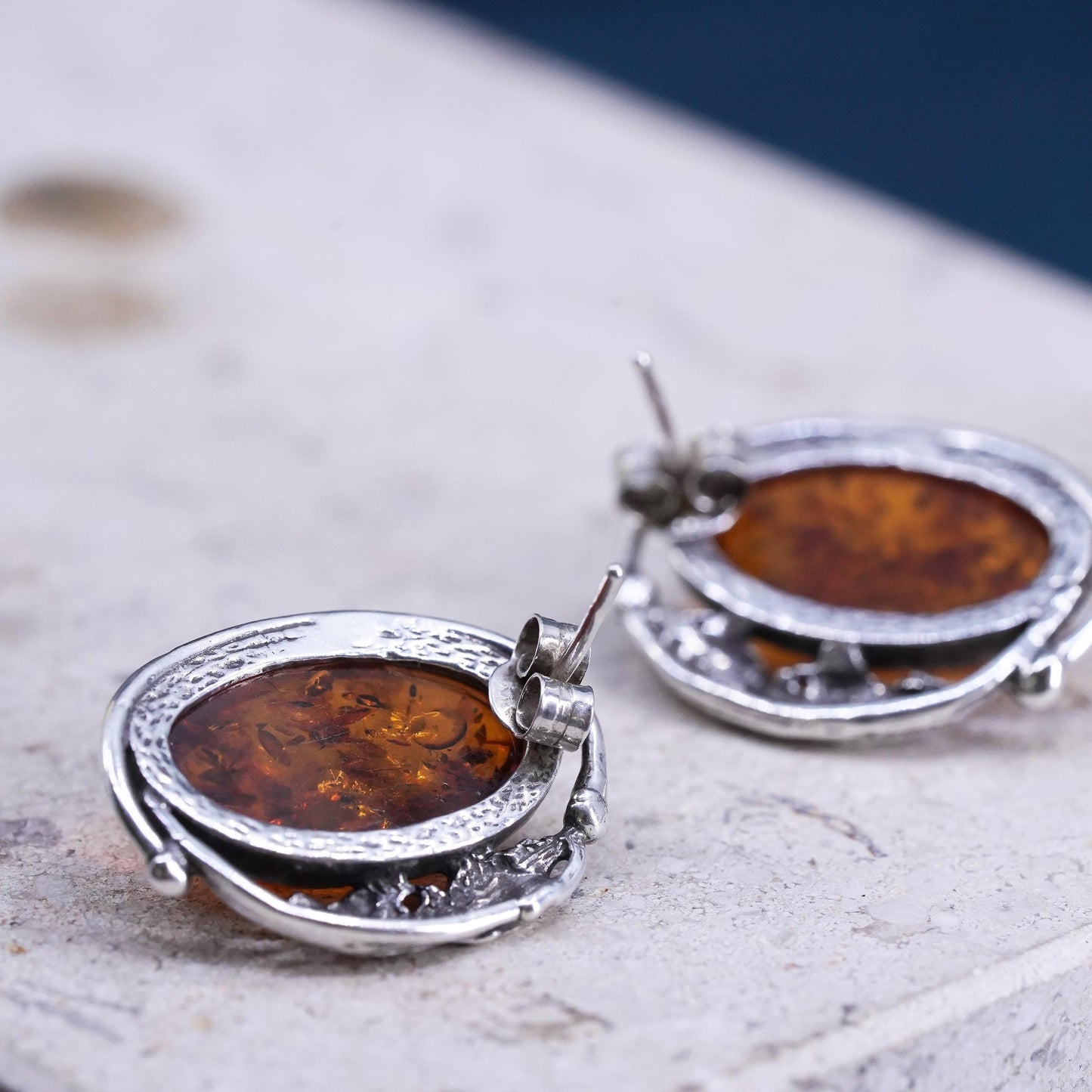 Vintage sterling silver handmade earrings, 925 oval studs with amber and leaves