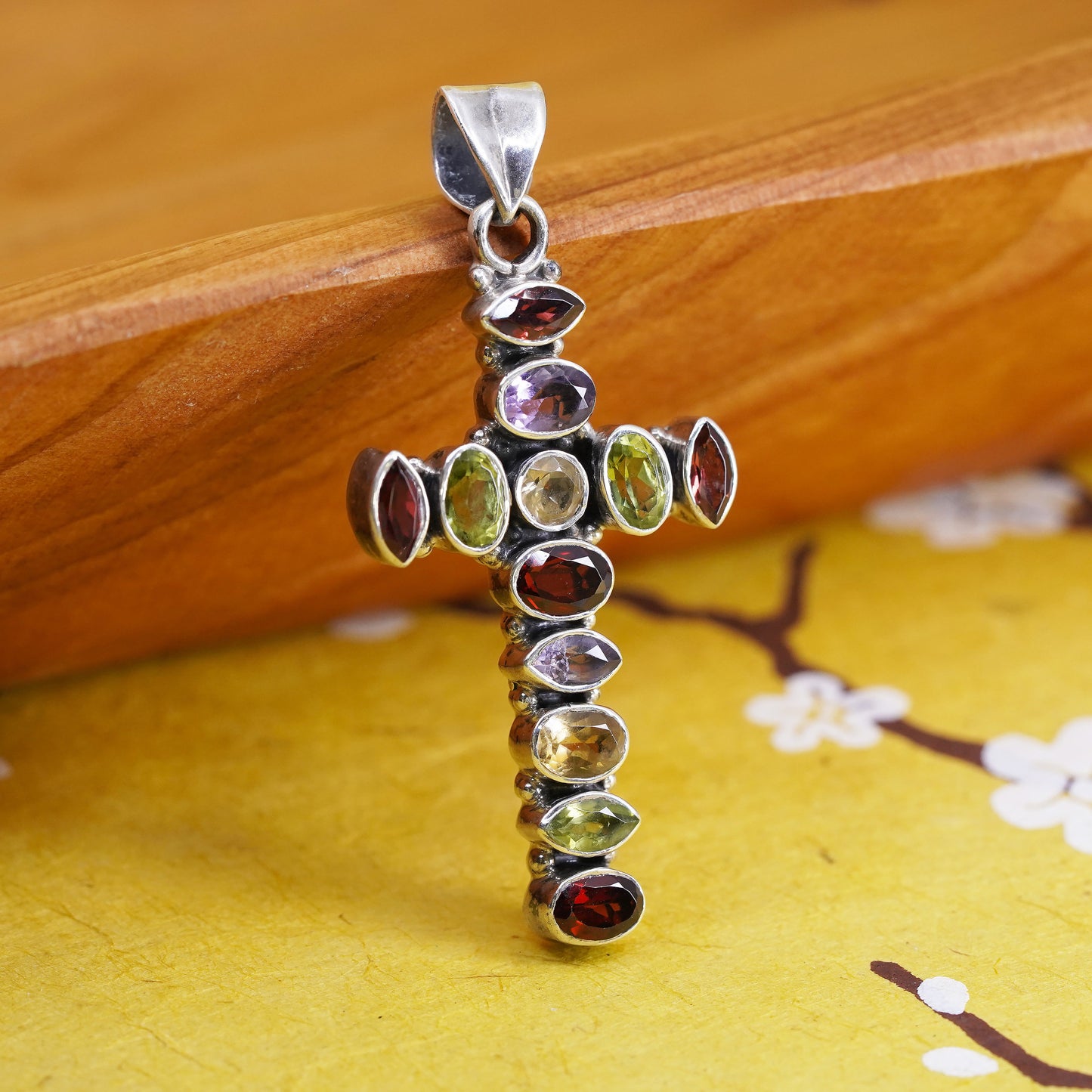 Sterling silver 925 pendant with amethyst ruby peridot citrine cross pendant