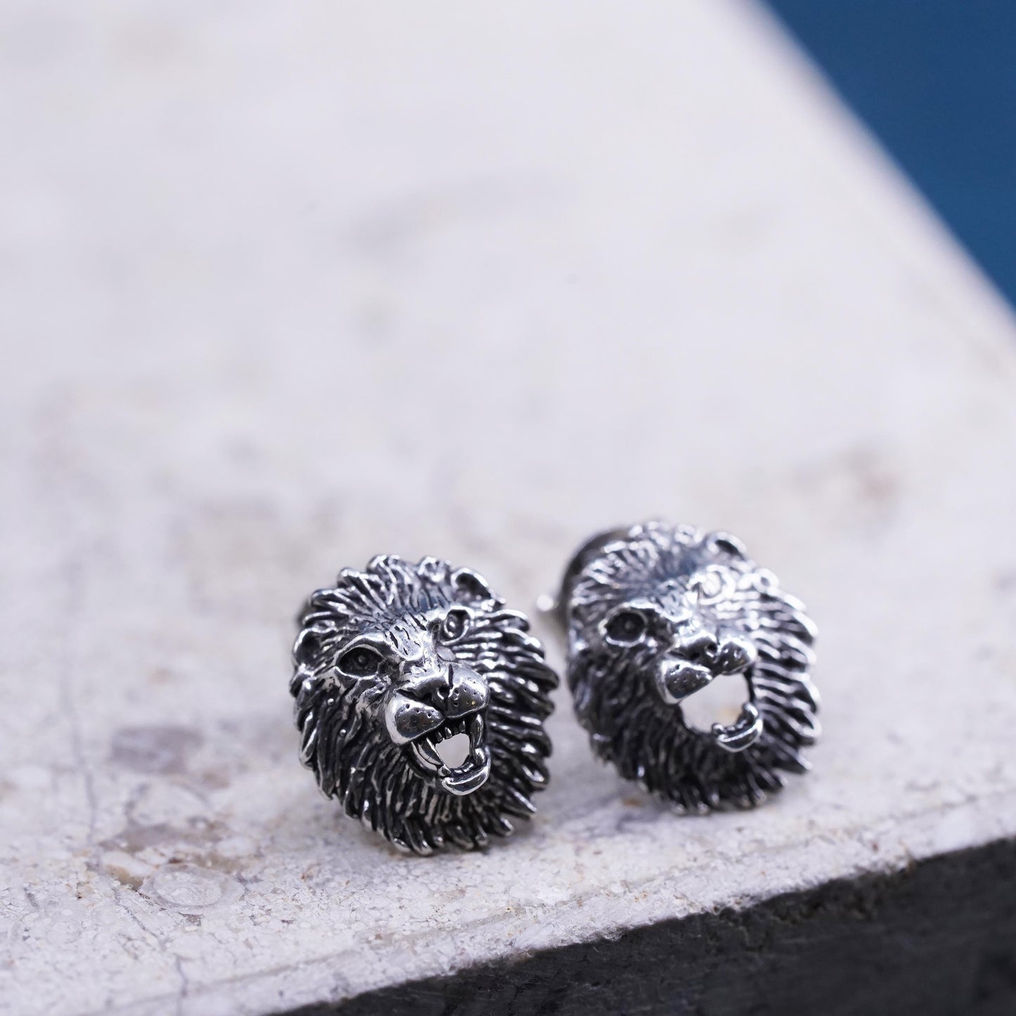 Vintage Sterling silver handmade studs, 925 silver lion cat kitty earrings