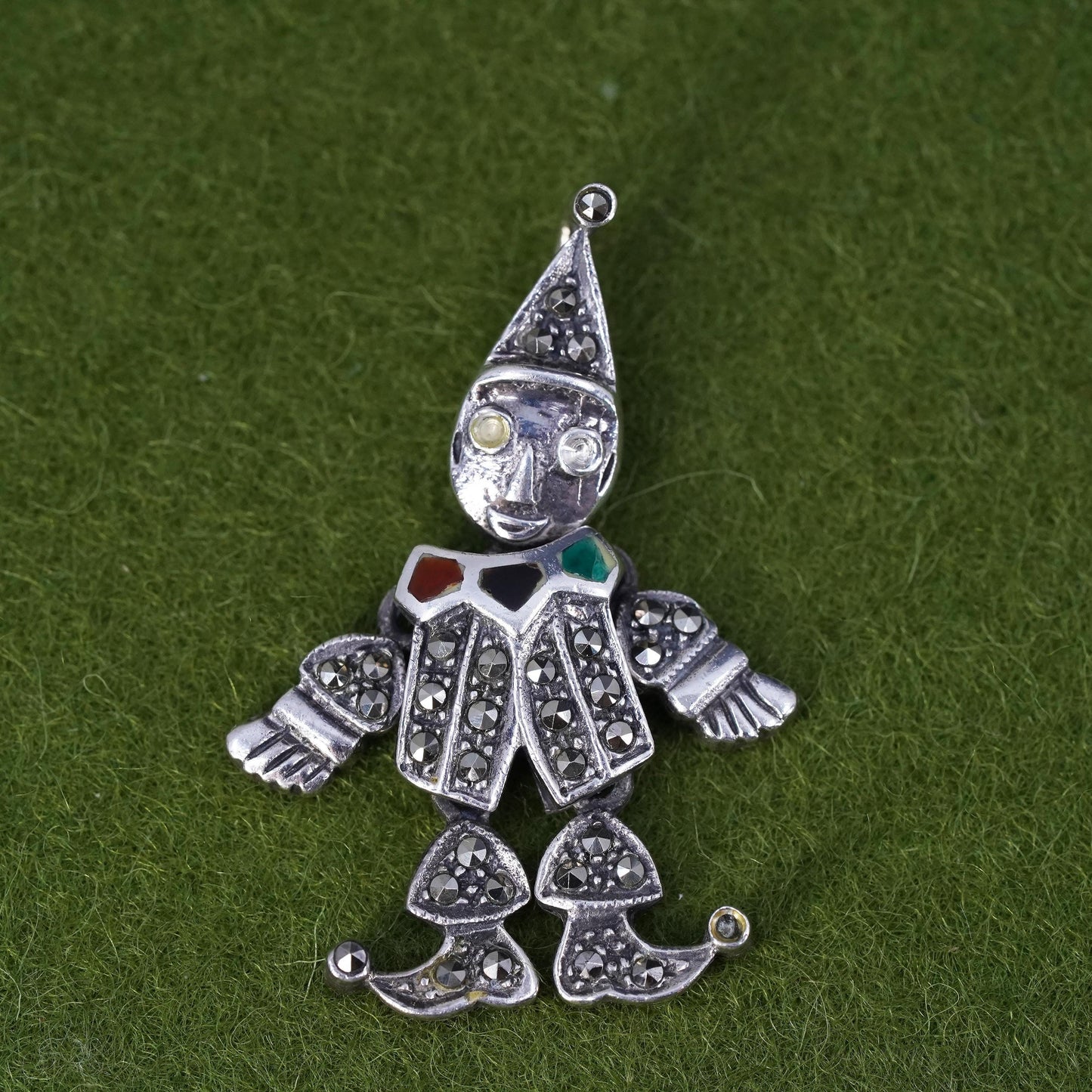 sterling silver handmade pendant, 925 clown charm movable joints marcasite