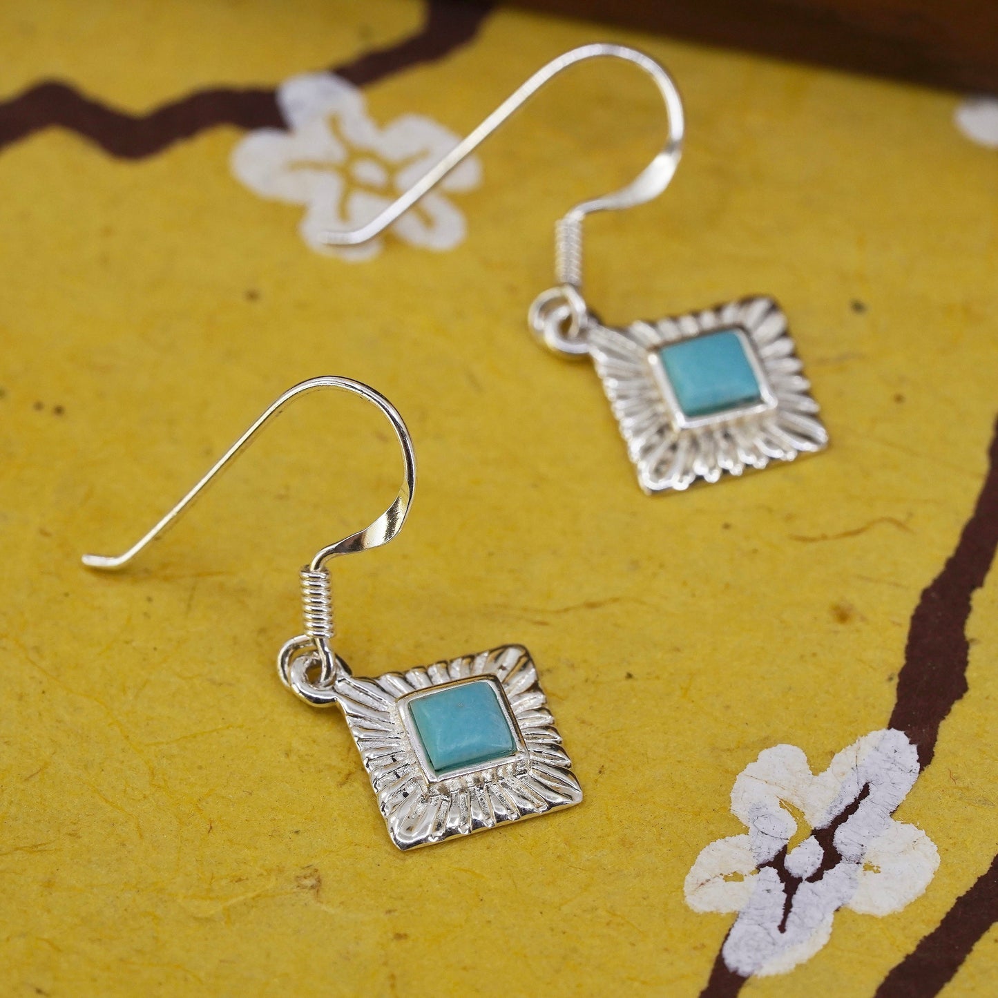 Vintage Sterling silver handmade earrings with square turquoise inlay