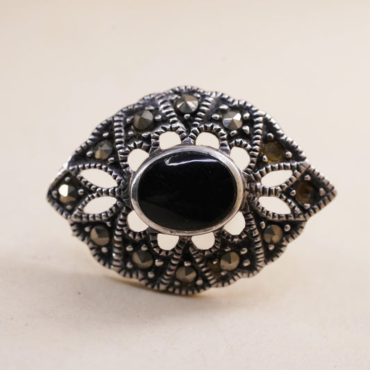 VTG Sterling 925 silver handmade stud with onyx and marcasite, single earring