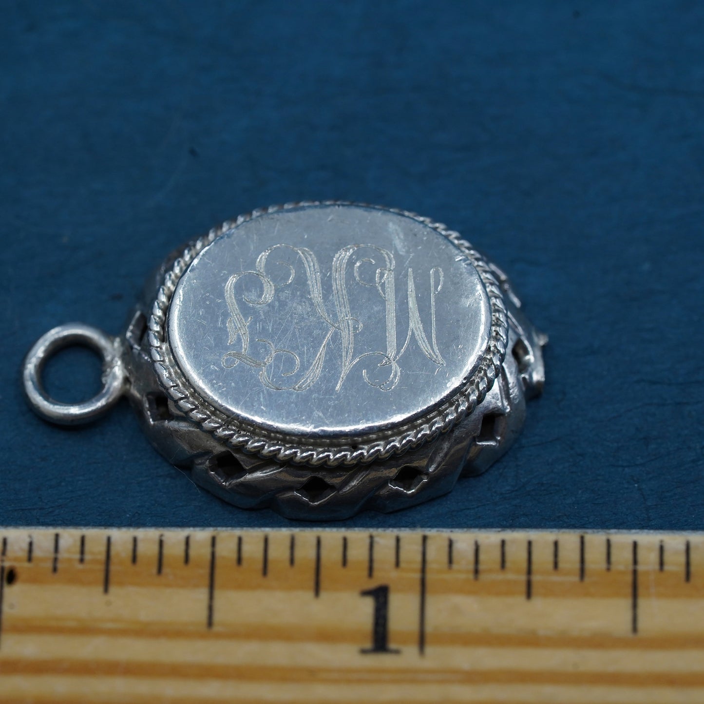 Vintage sterling 925 silver handmade oval pendant laser engraved initial "MKF"