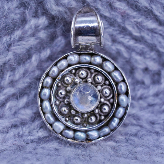 Vintage Sterling 925 silver handmade circle pendant with moonstone and pearls