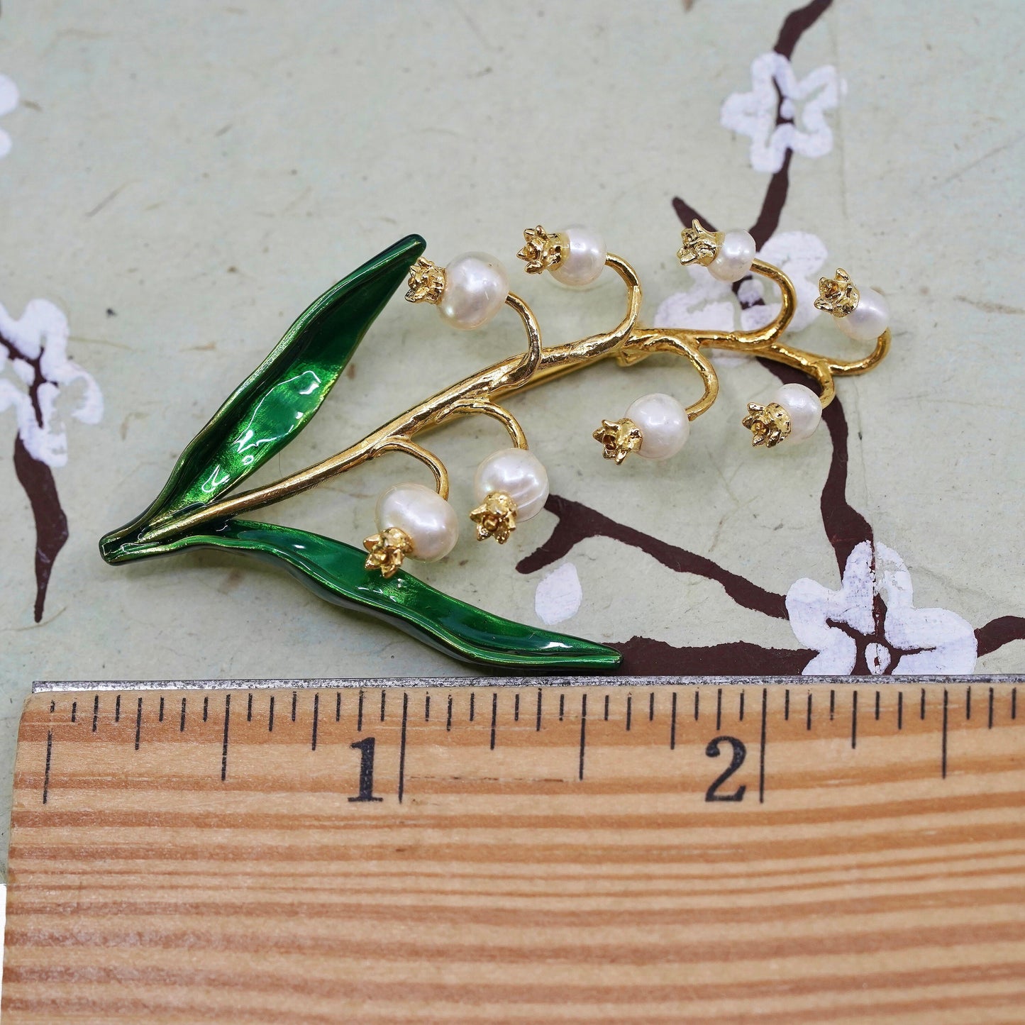 Lily of Valley Pearl Brooch, MMA FFB Sterling silver 925 vermeil Gold Enamel