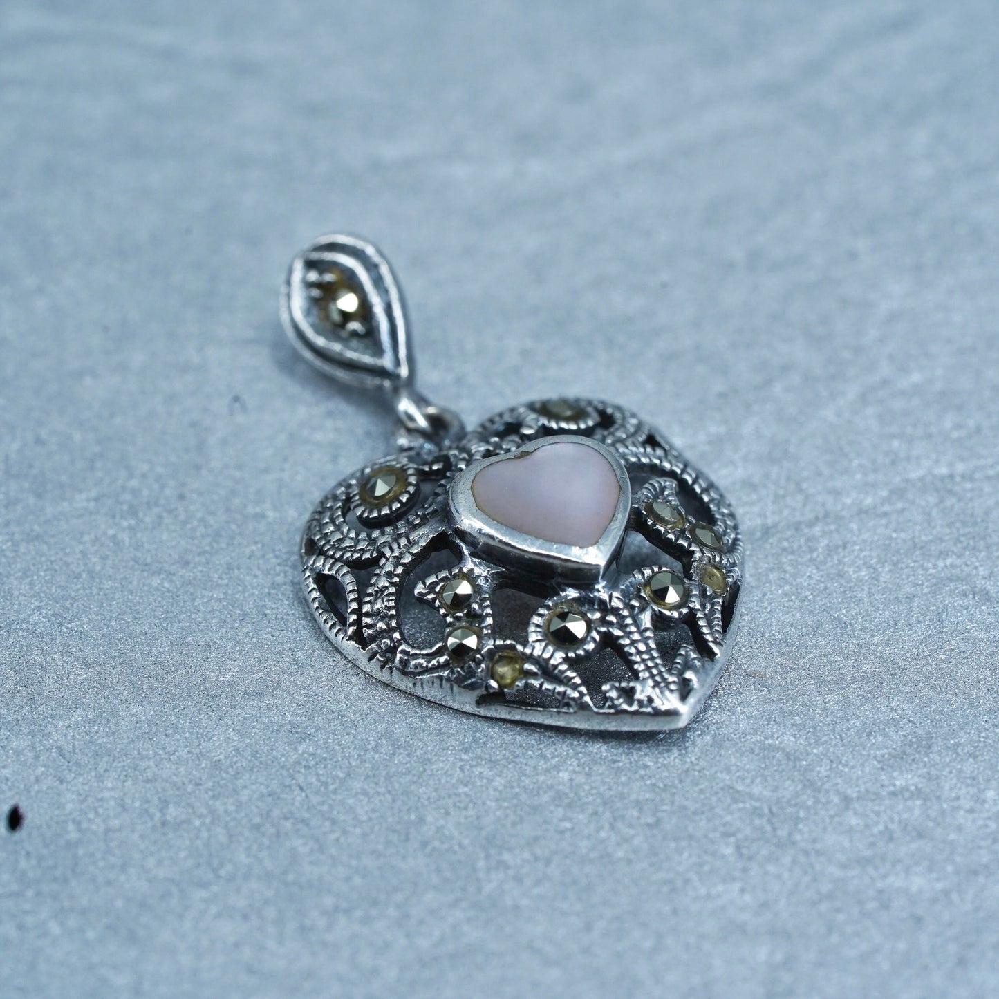 Sterling silver charm, 925 heart pendant with mother of pearl Marcasite