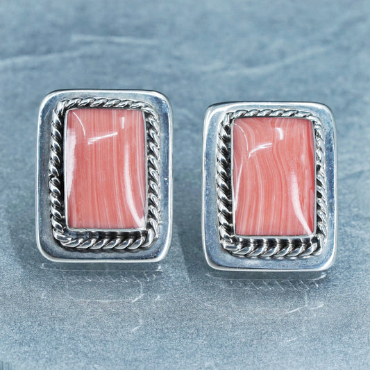 Vintage Mexican Sterling 925 silver earrings, rectangular studs with orange jasper