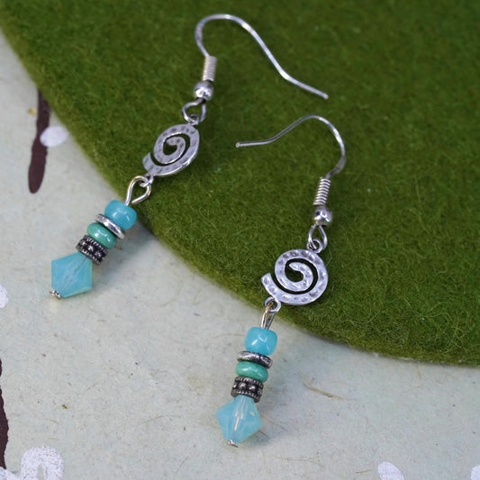 Vintage Sterling 925 silver handmade spiral earrings with Chalcedony beads