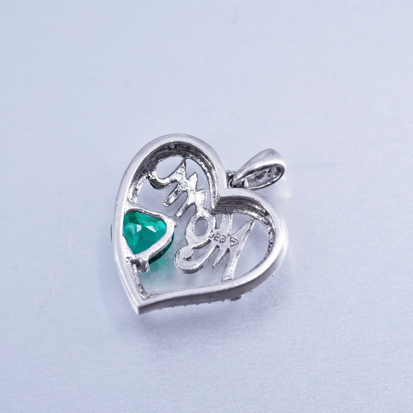 vintage Sterling silver charm, 925 heart “Mom” pendant with emerald diamonds